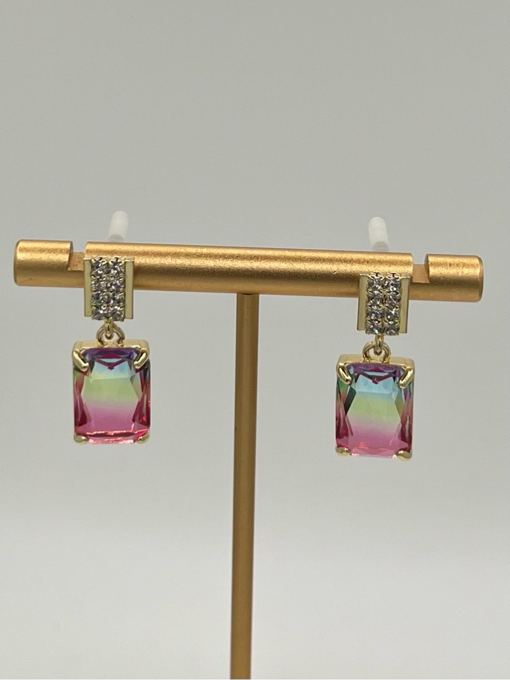 Rainbow Crystal Drop Earrings – Gold Rhinestone Stud Statement Earrings